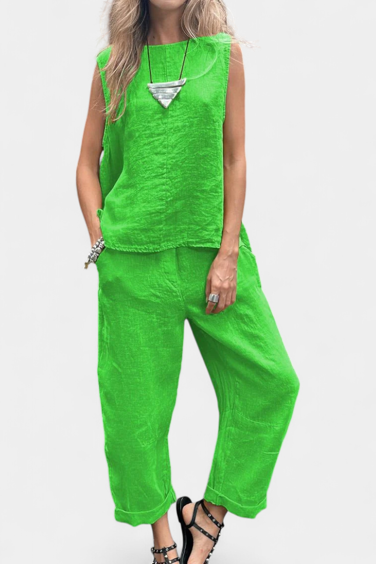 Leona Ensemble de Gilet et Pantalon Sans Manches en Coton Lin