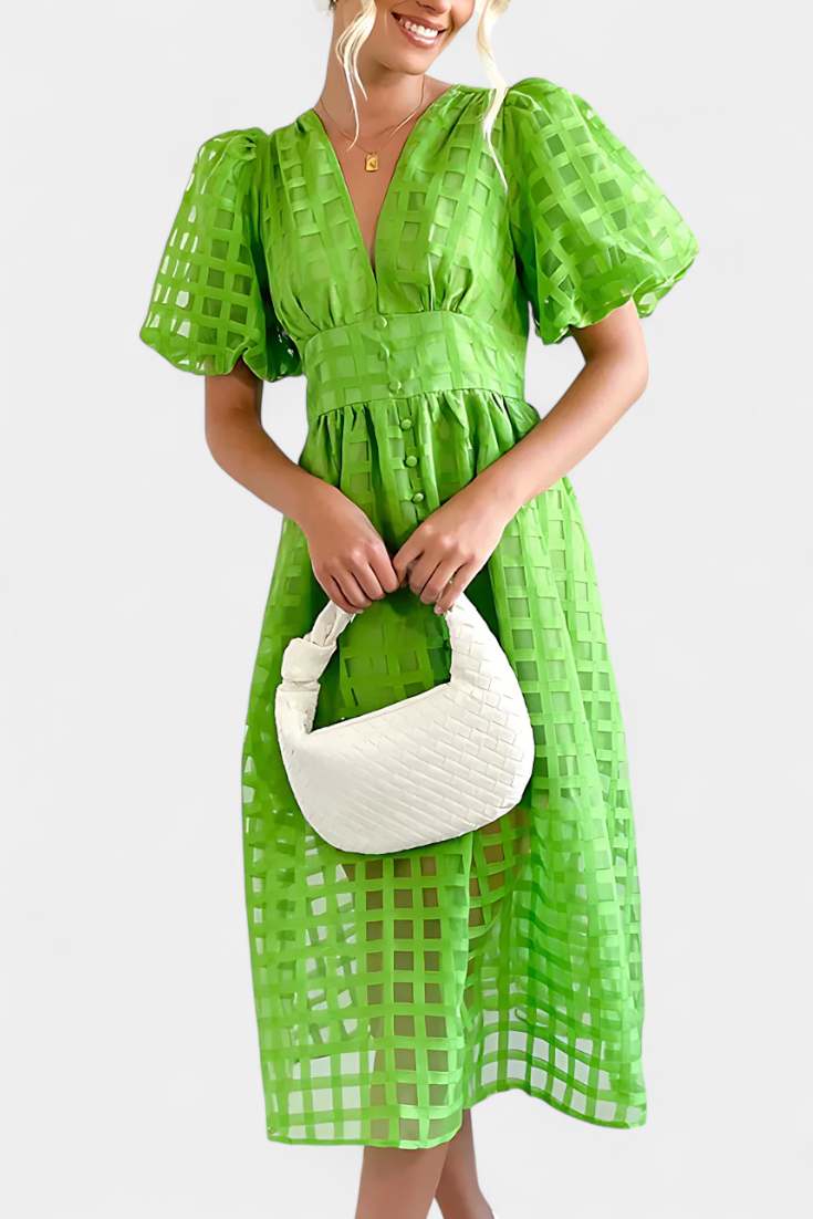 Robe Midi Marigold à Manches Bouffantes avec Motif à Carreaux