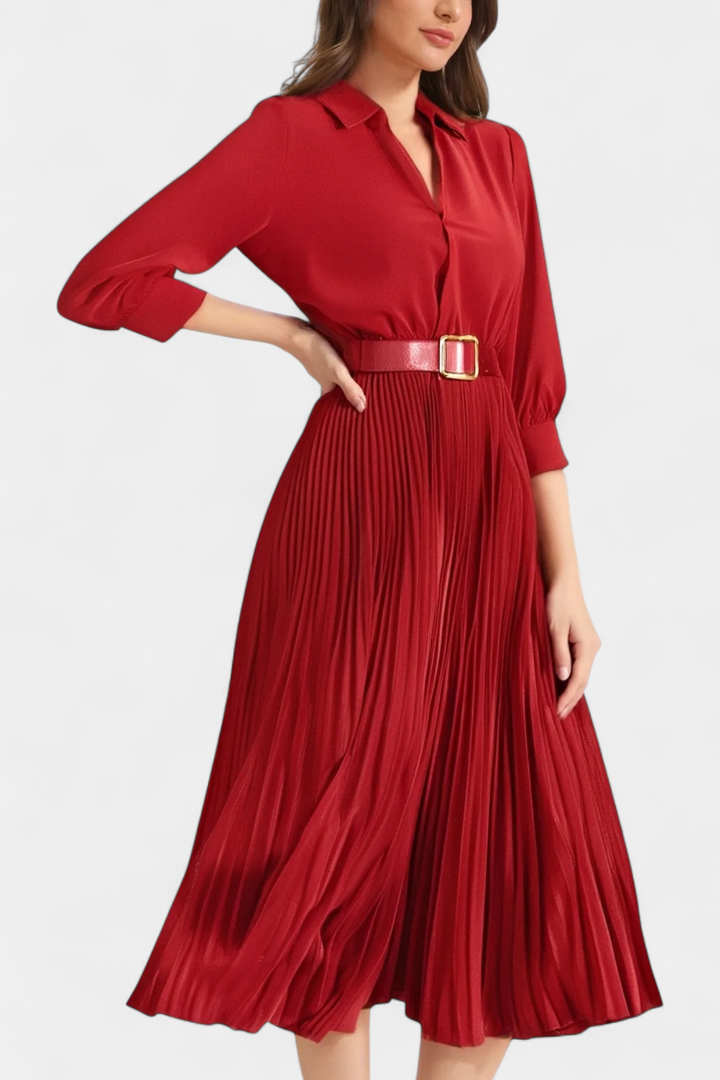 Robe Midi Michelle avec Col Tailleur et Ceinture Plissée