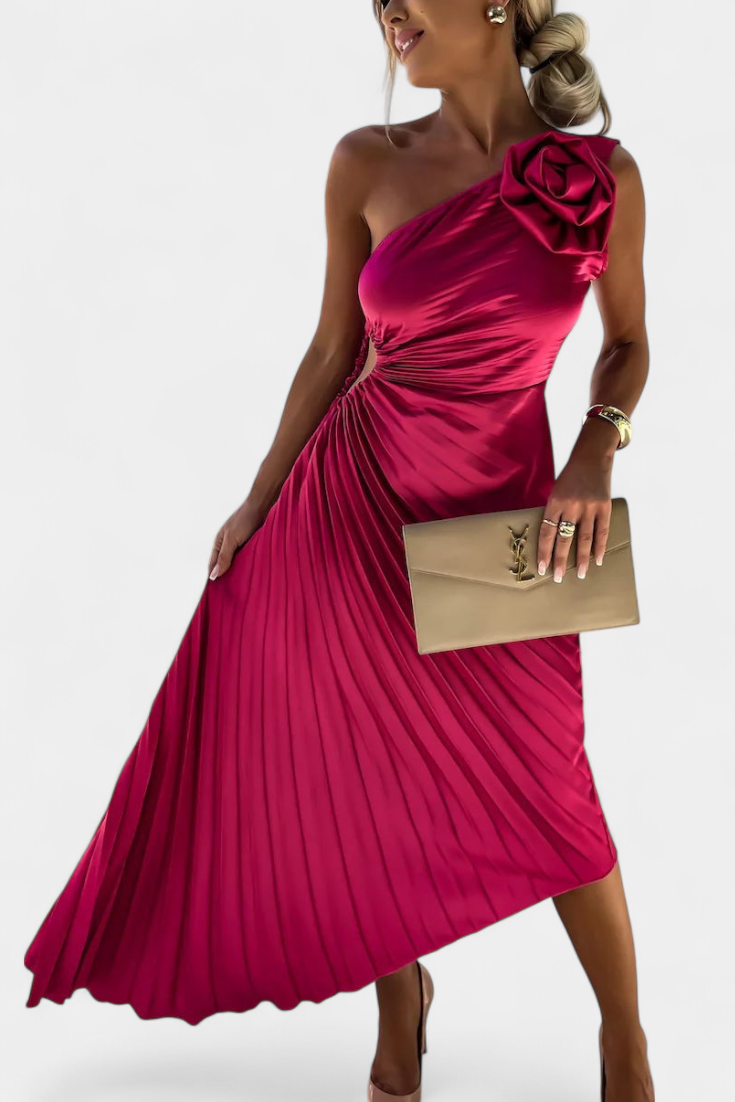 Robe de Cocktail Asymétrique Leire avec Application Florale et Jupe Plissée