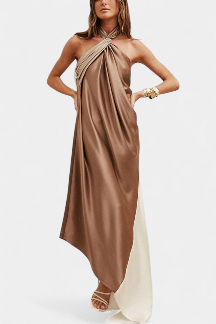 Robe Maxi Irrégulière en Coloris Bloc avec Dos Nu