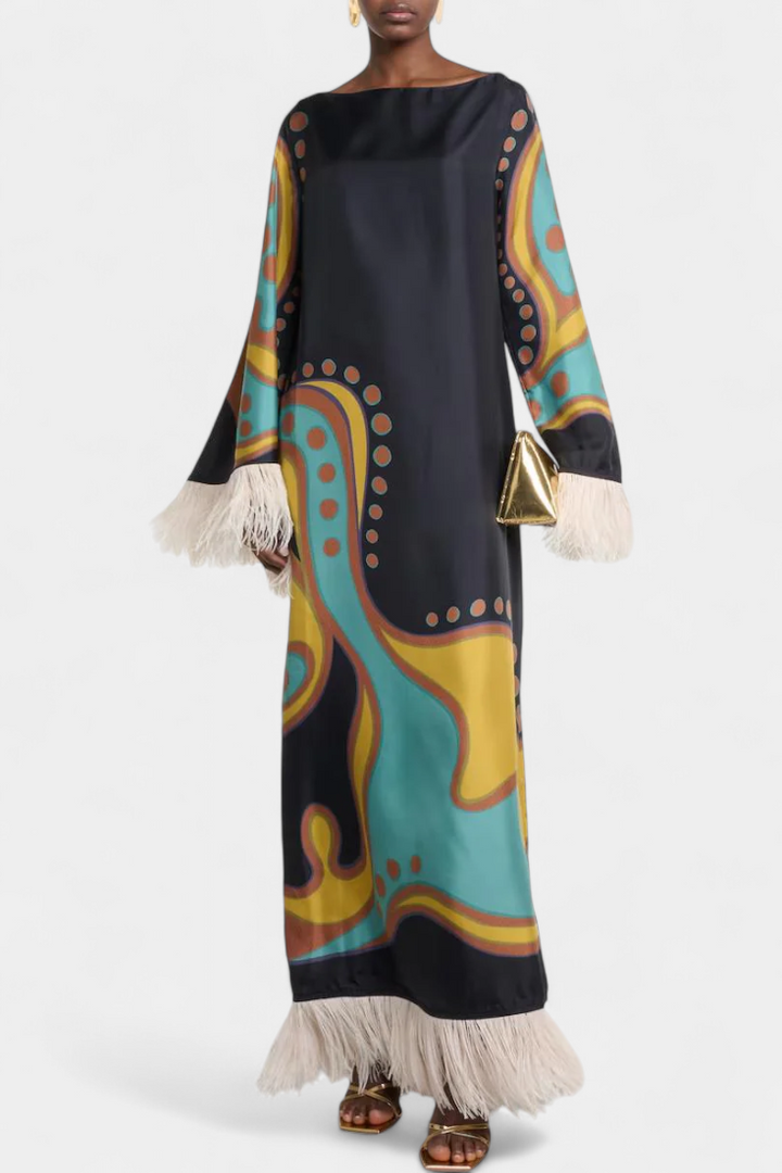 Robe Maxi Retro Kiara avec Franges en Plumes