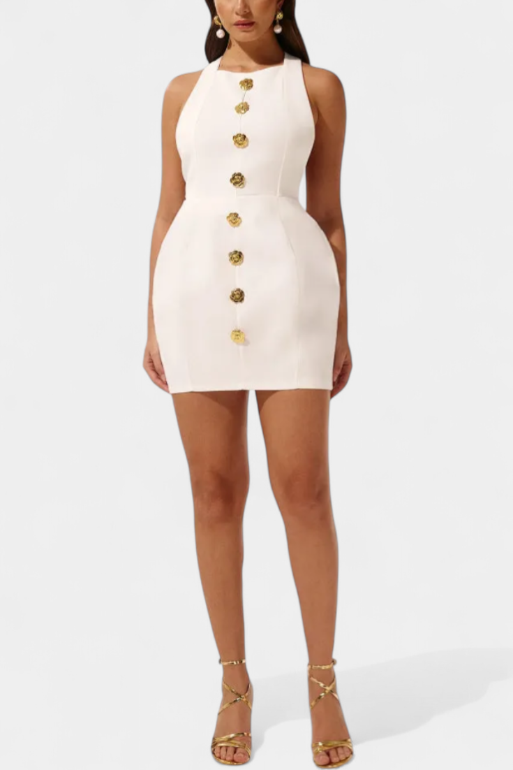 Yvonne Robe Mini Décolleté Halter avec Dos Nu et Détail Floral