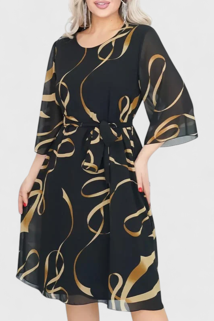 Robe Midi Imprimée Ame avec Ceinture et Coupe Polyvalente