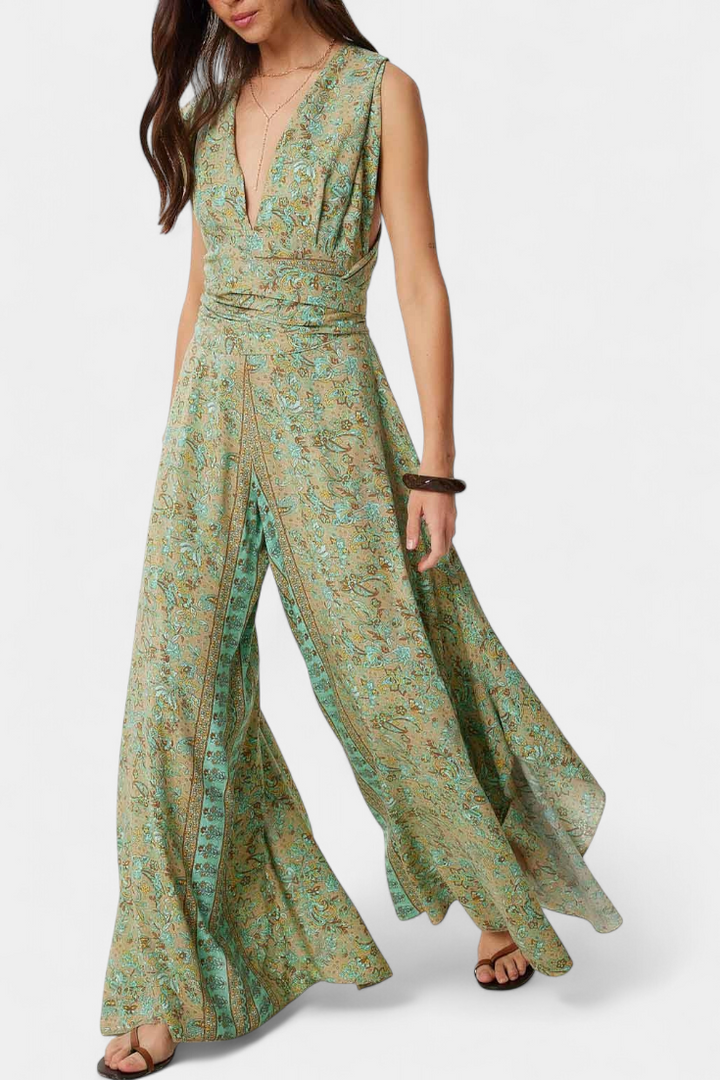 Monos Leandra Fluide Croisé avec Imprimé Floral Vert