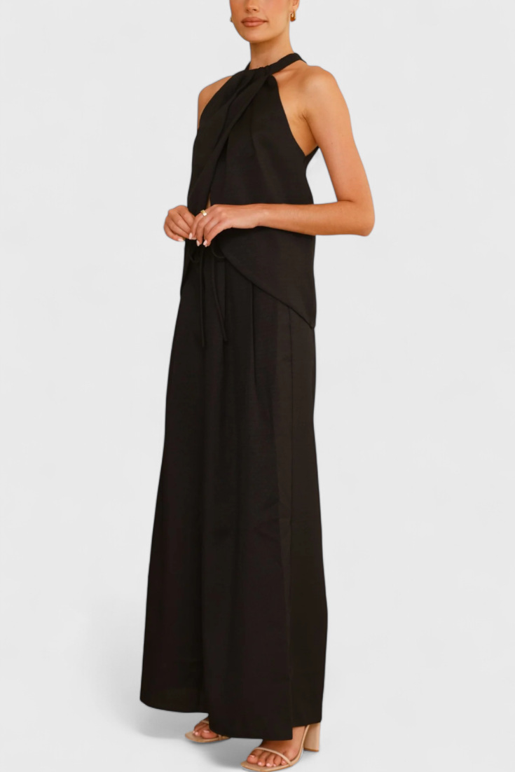 Ensemble Bernadina en Lin avec Top à Ouverture Frontale et Pantalon à Jambes Amples