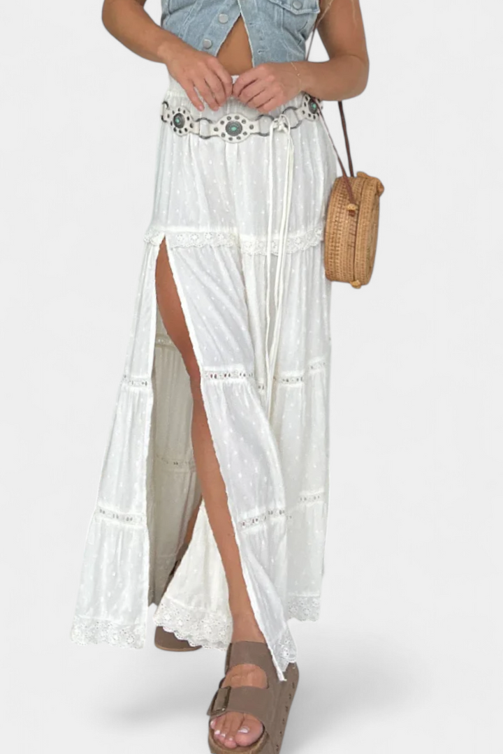 Jupe Maxi Boho Dola avec Dentelle et Fente Frontal
