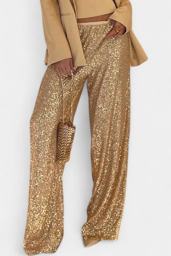 Elva Pantalons à Paillettes Taille Haute et Coupe Ample