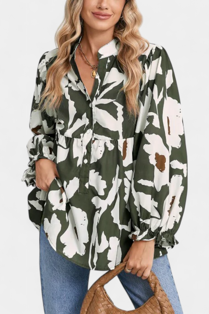 Filomena Blouse à Boutonnage Partiel et Manches Bouffantes en Imprimé Floral Abstrait