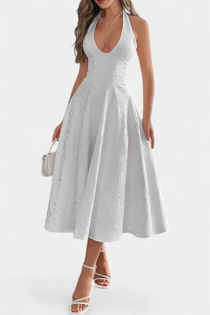 Robe Midi Jacquard Gilda avec Dos Nu et Taille Haute