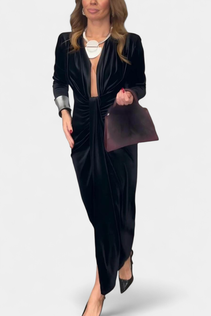 LaVerna Robe Longue en Velours Doré avec Col en V