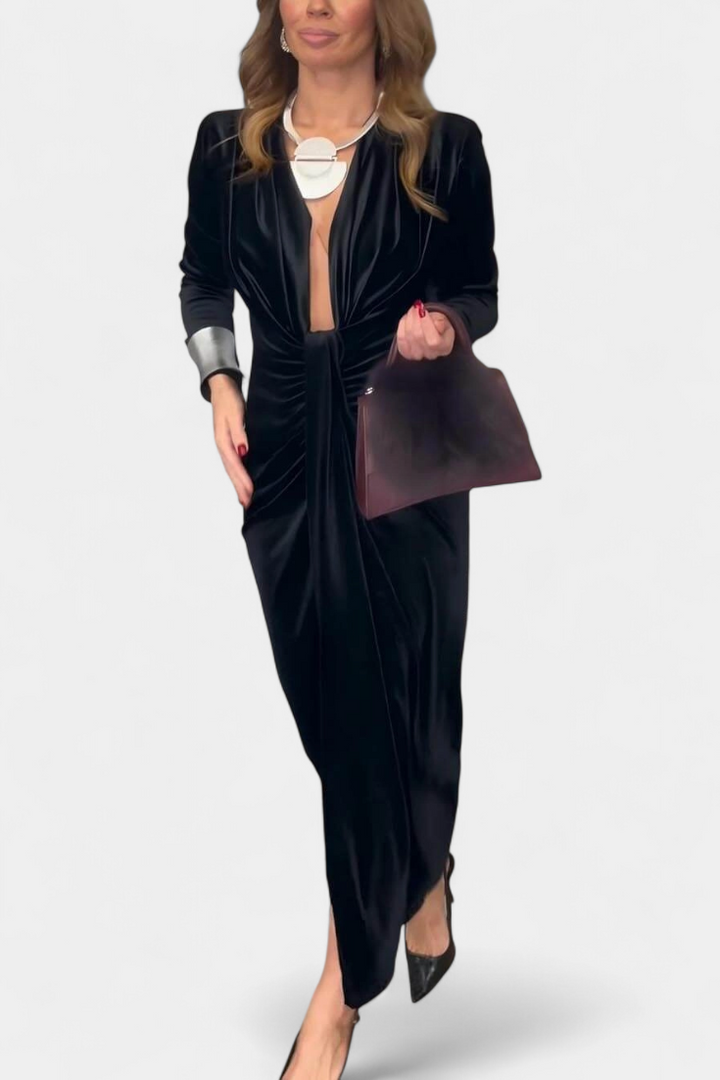 LaVerna Robe Longue en Velours Doré avec Col en V