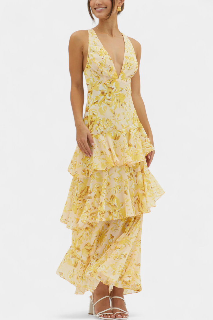 Robe Domenica en Georgette avec Décolleté en V et Couches Fluides