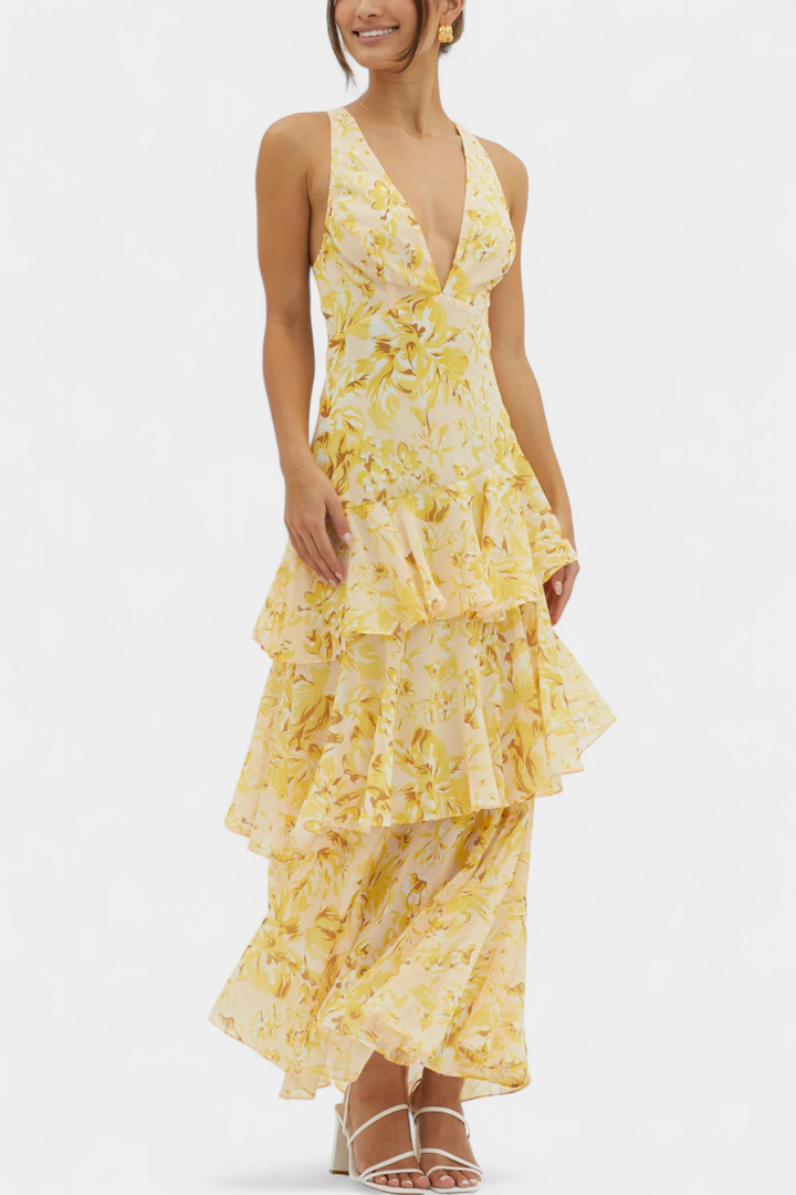 Robe Domenica en Georgette avec Décolleté en V et Couches Fluides