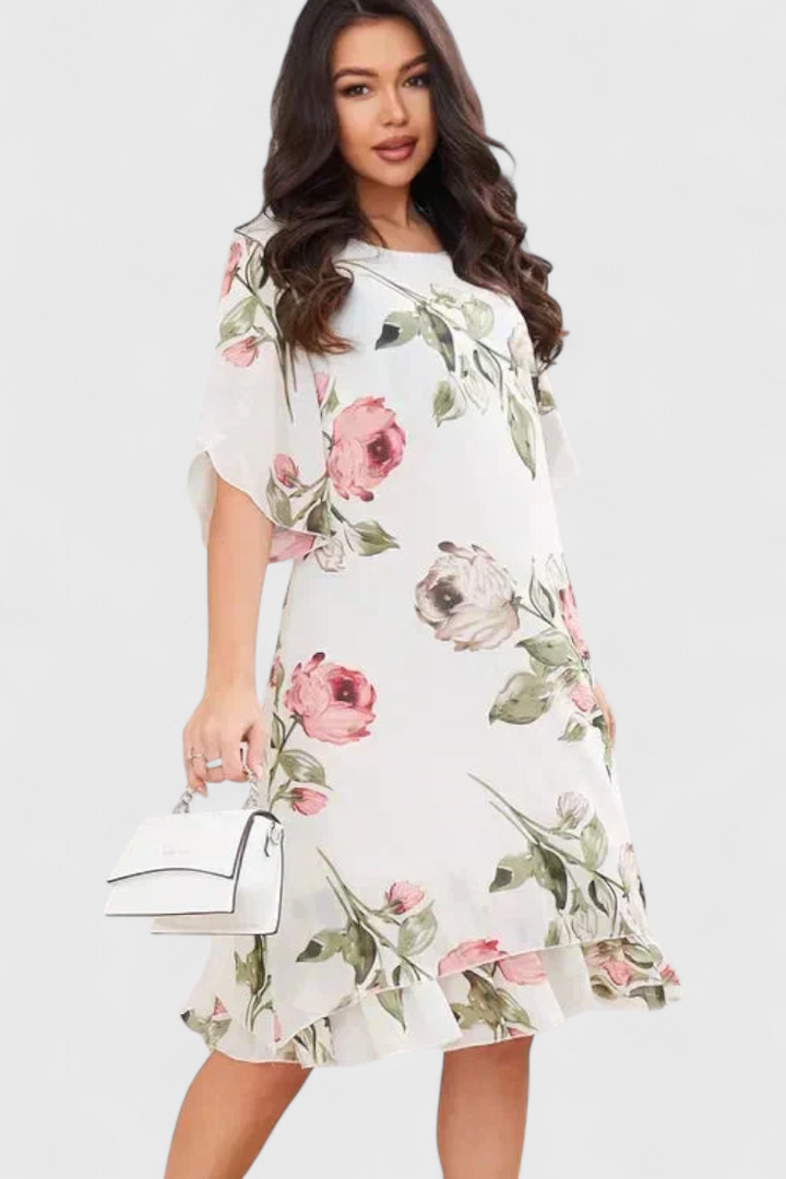 Robe Tameka en Georgette Fluide avec Pétales et Manches Transparentes