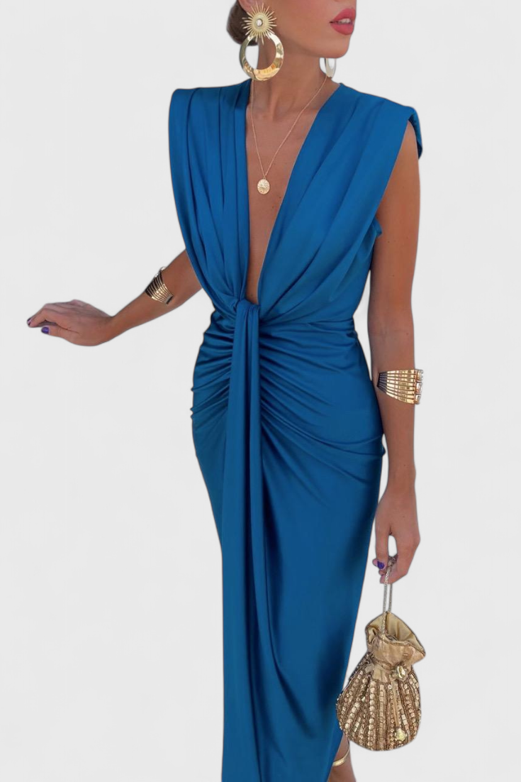 Robe Midi Froncée Lakisha avec Décolleté Profond