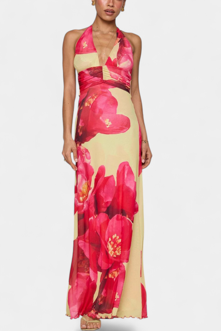 Robe Maxi à Pois Melodía avec Décolleté Halter et Taille Froncée