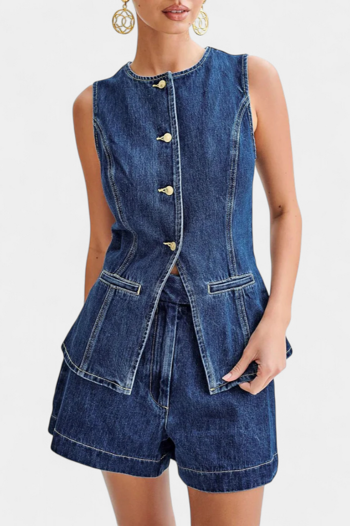 Ensemble Raya : Gilet en Denim Sans Manches et Shorts Taille Haute
