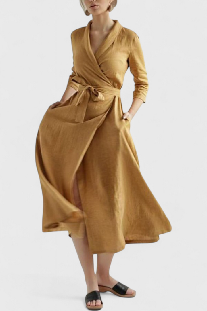 Robe Midi Vintage en Coton et Lin Sharon avec Col Revers