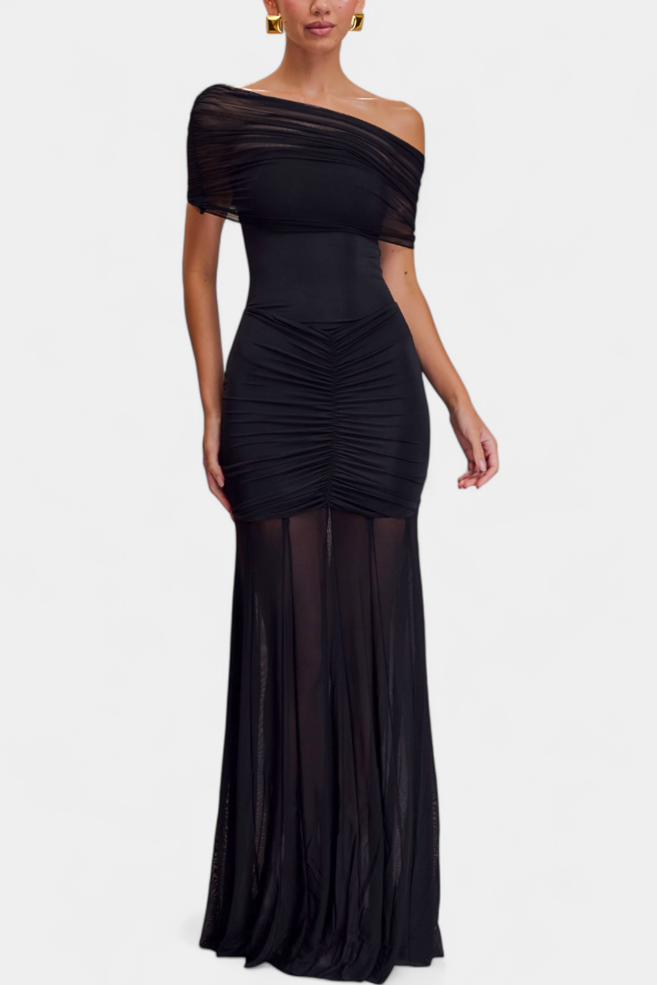 Robe Maxi Alodia à Épaules avec Cape en Maille
