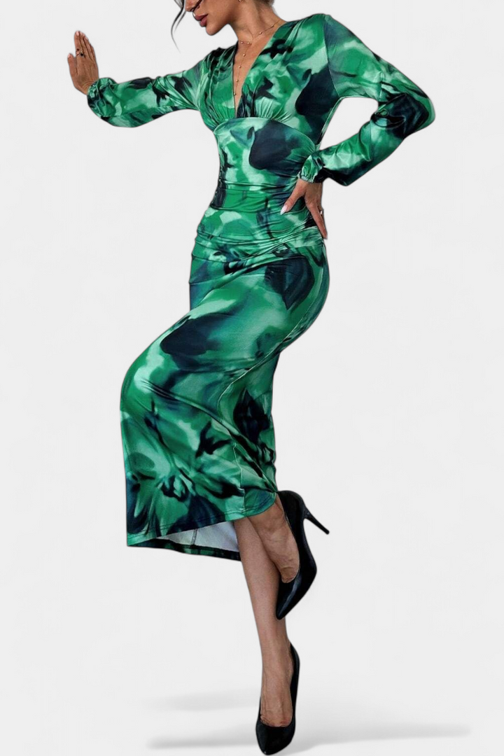 Ashlyn Robe Longue avec Imprimé Dégradé et Col en V