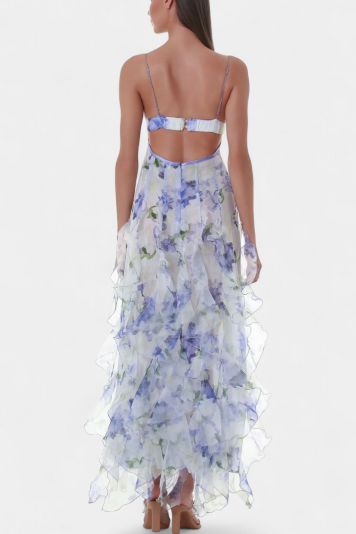Robe Maxi Bonnie avec Volants Floraux et Découpe Latérale