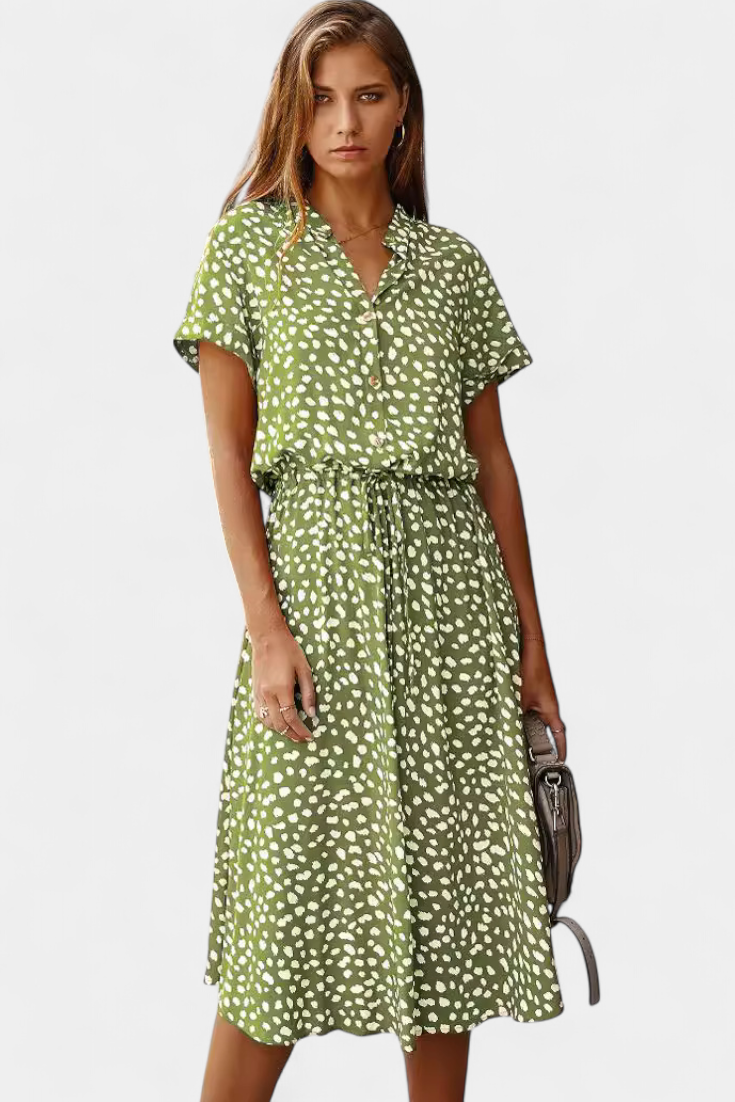 Rovena Robe Midi à Pois avec Col Chemisier et Taille Ajustable