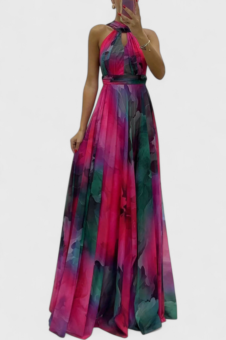 Robe Maxi en Chiffon à Imprimé Floral et Col Halter Caprice