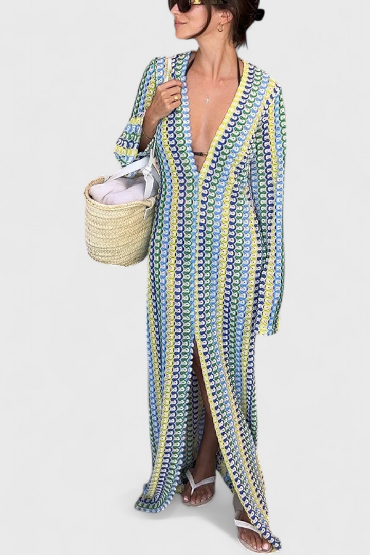 Robe Longue Crisanta Imprimée avec des Ondes Multicolores et Manches Longues