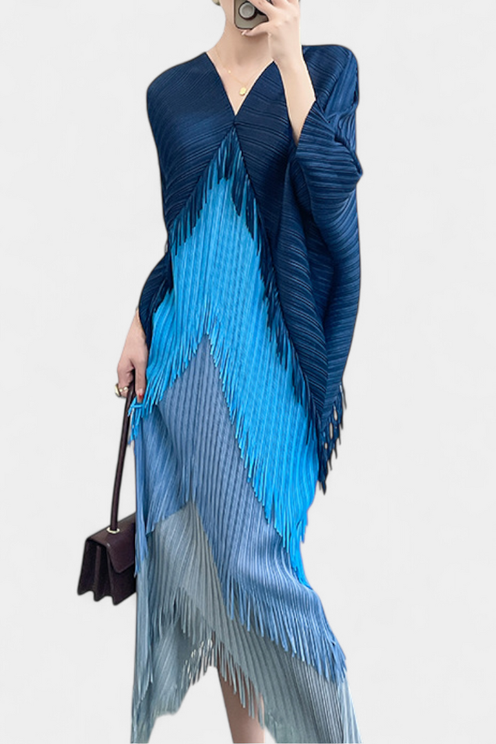 Andalousie Robe avec Franges et Blocs de Couleurs Contrastants