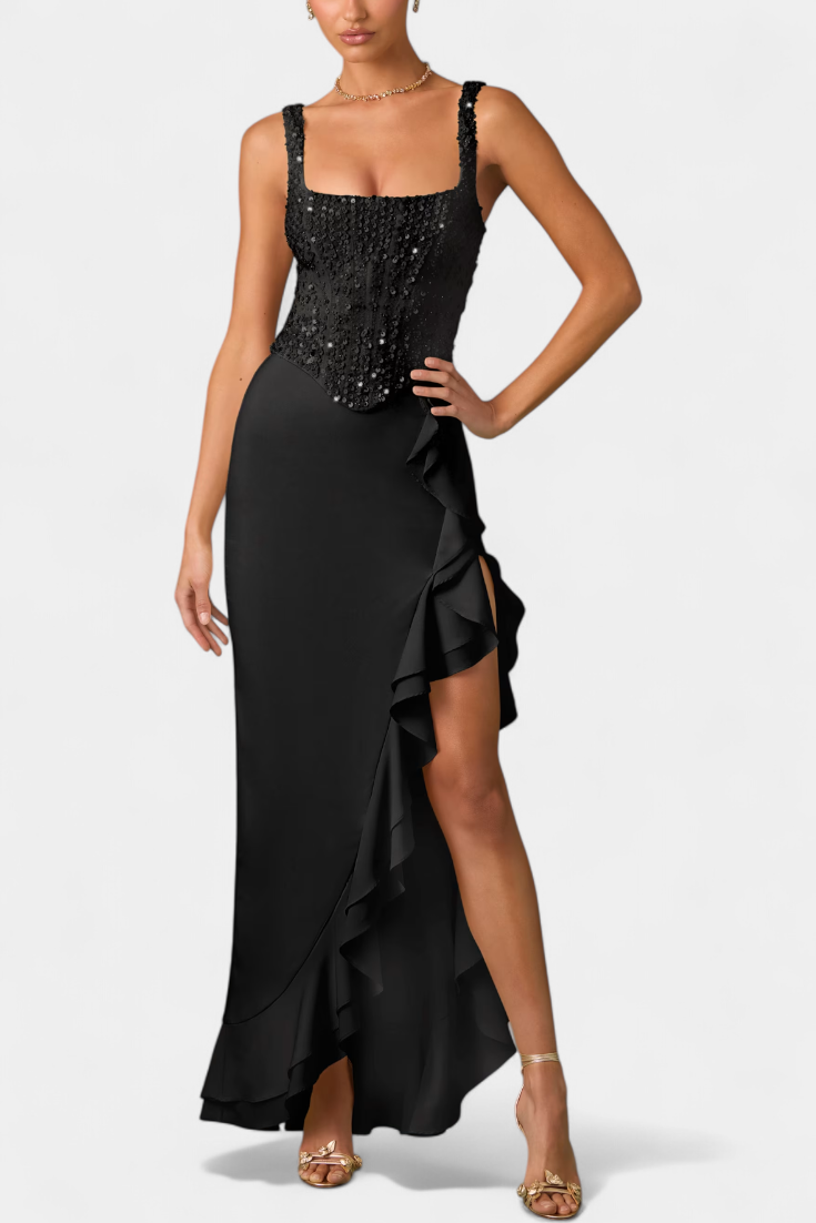 Cindy Robe Midi Corset avec Volants Asymétriques