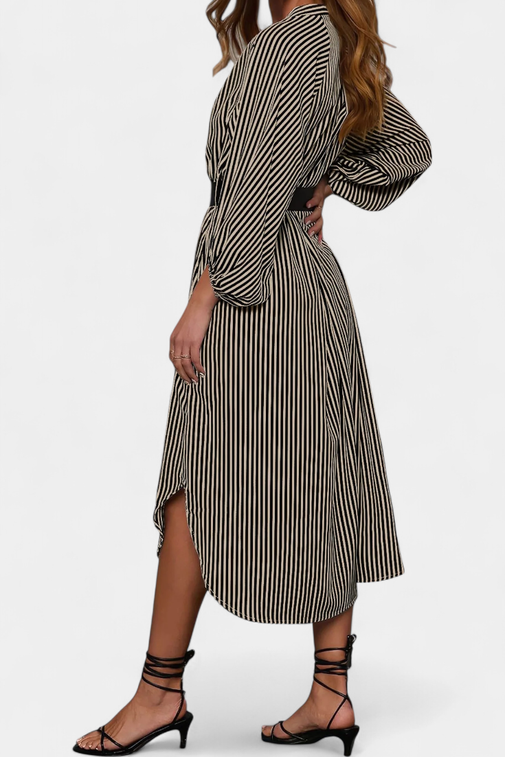 Eliana Robe Rayée avec Ceinture et Col en V