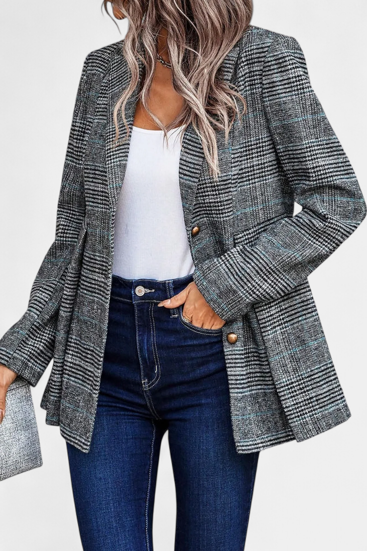 Blazer Peplum à Carreaux avec Revers en V