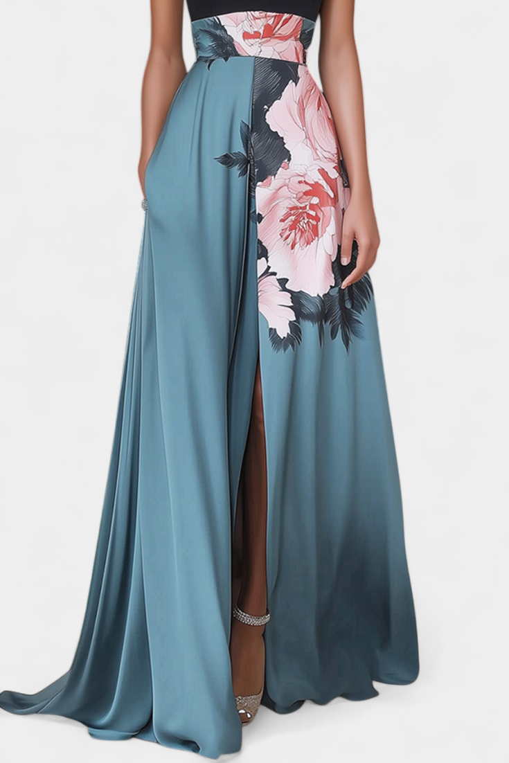 Radmila Robe A-Line avec Corps Noir et Jupe Fleurie en Contraste