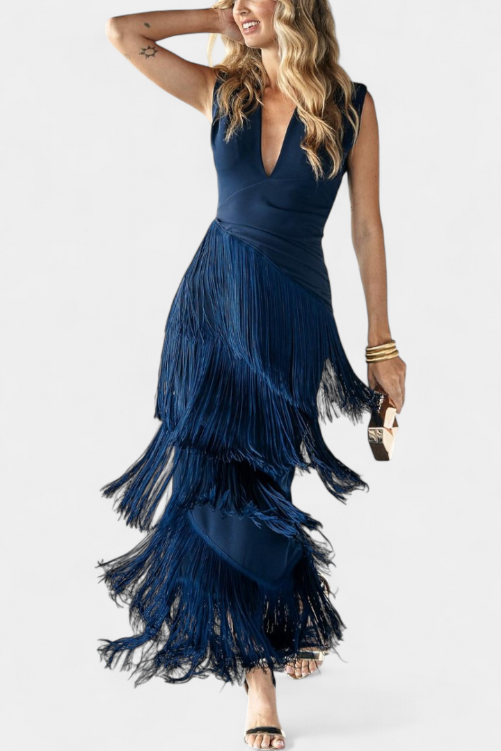 Robe Maxi Élégante Dolcezza avec Décolleté en V, Plis et Franges