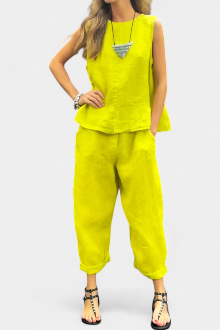 Leona Ensemble de Gilet et Pantalon Sans Manches en Coton Lin