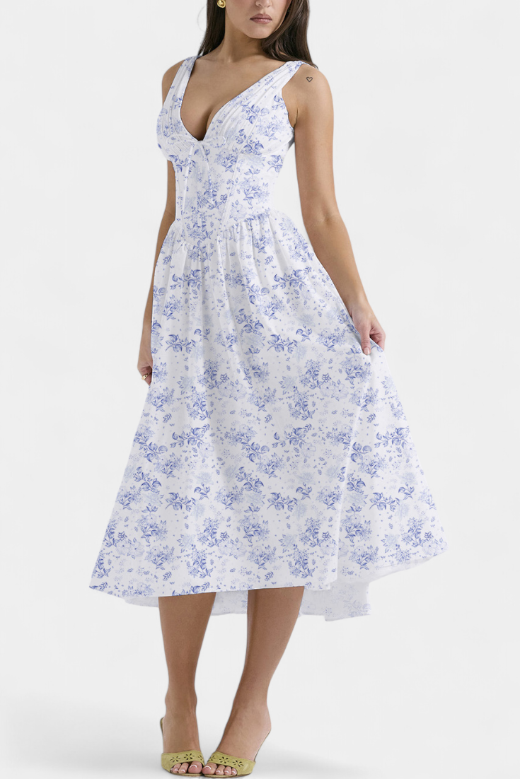 Robe Midi Margie à Décolleté en V et Imprimé Floral Romantique