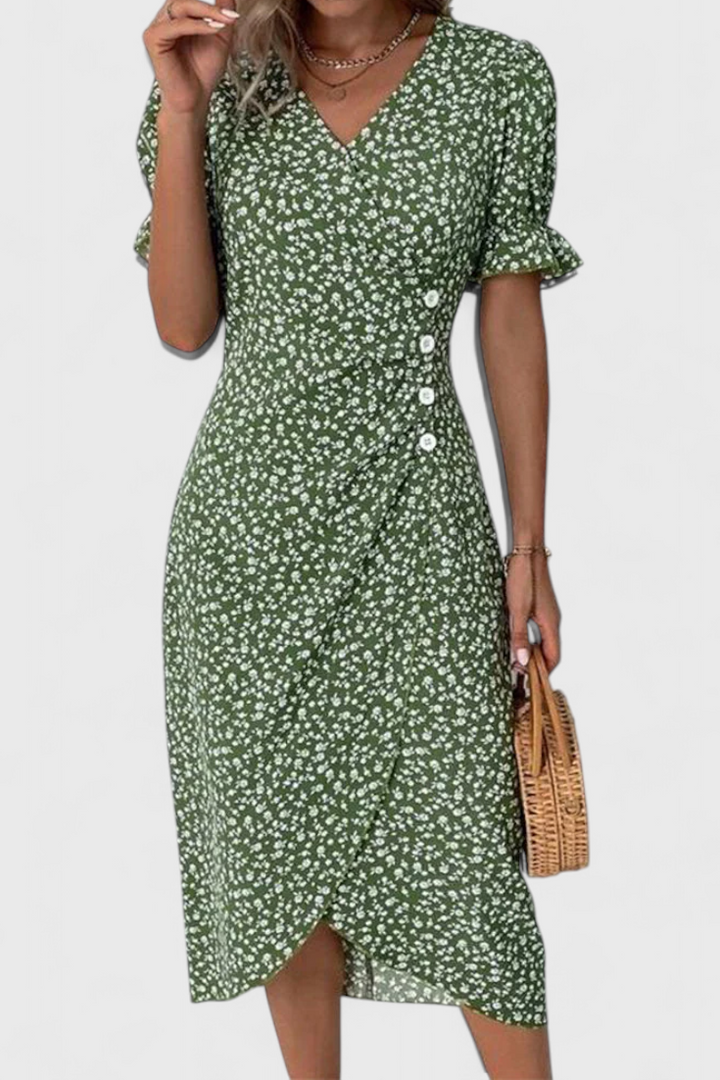 Robe Midi Florale Joana avec Décolleté en V et Manches Courtes