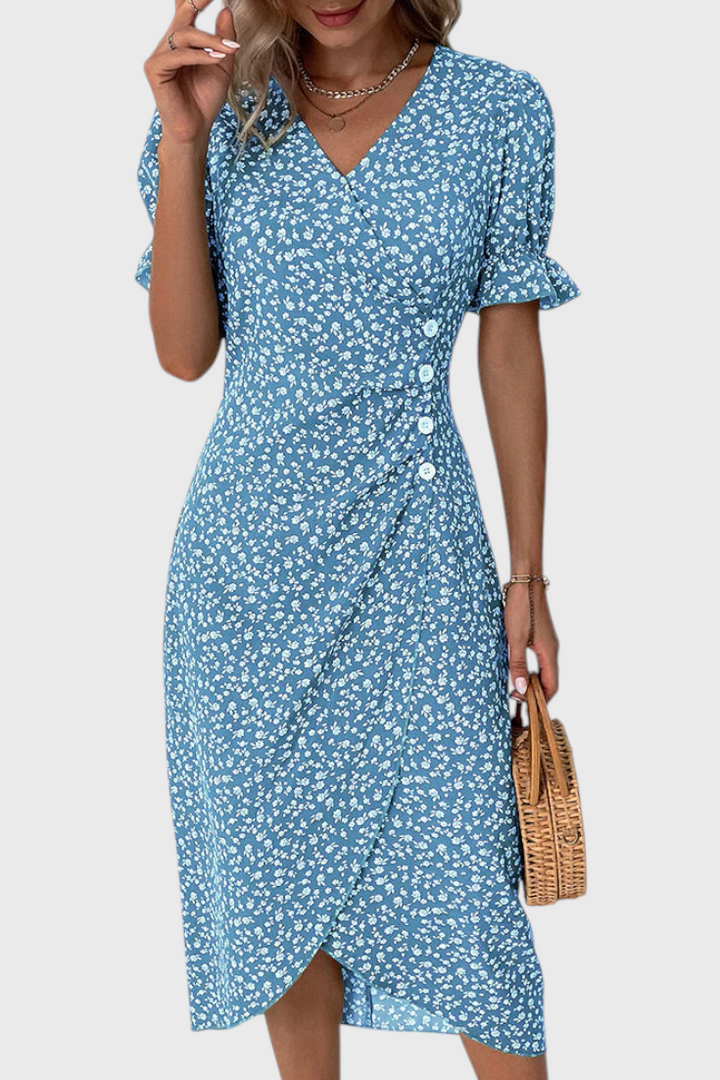 Robe Midi Florale Joana avec Décolleté en V et Manches Courtes