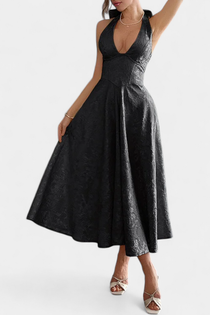 Robe Midi Jacquard Gilda avec Dos Nu et Taille Haute
