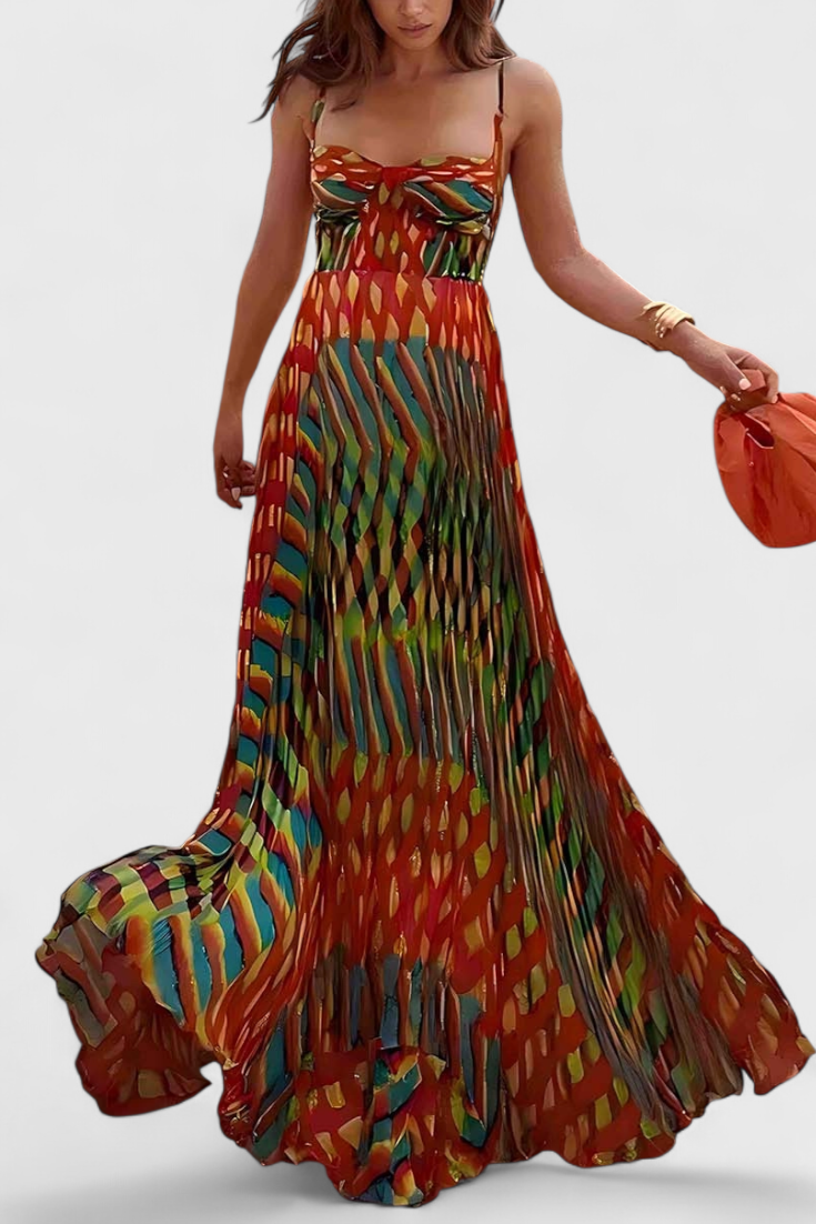 Robe Maxi Janis avec Imprimé Artistique et Décolleté Halter en Forme de Coeur