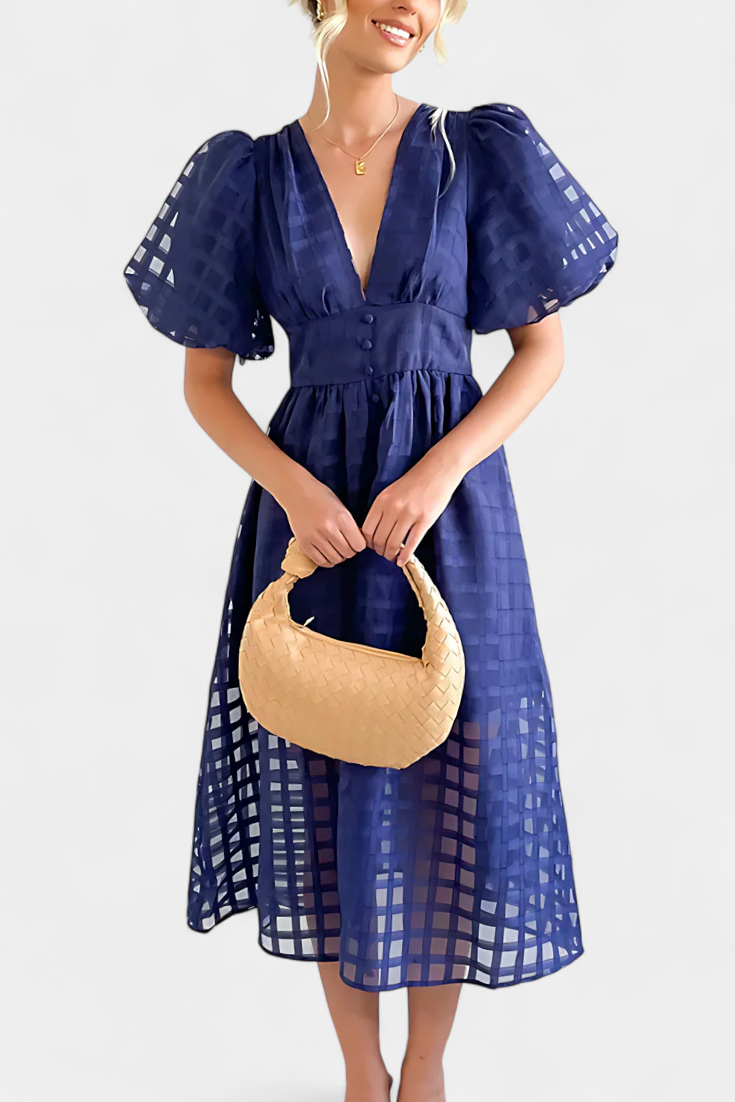 Robe Midi Marigold à Manches Bouffantes avec Motif à Carreaux
