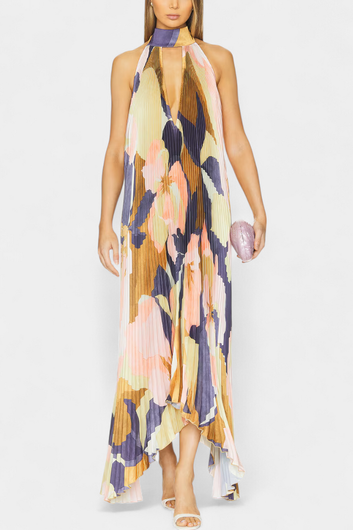 Giselle Robe Longue Plissée avec Décolleté Halter et Mouvement Élégant