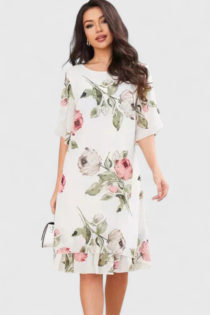 Robe Tameka en Georgette Fluide avec Pétales et Manches Transparentes
