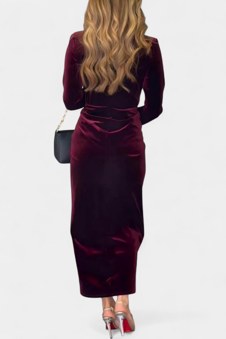 LaVerna Robe Longue en Velours Doré avec Col en V