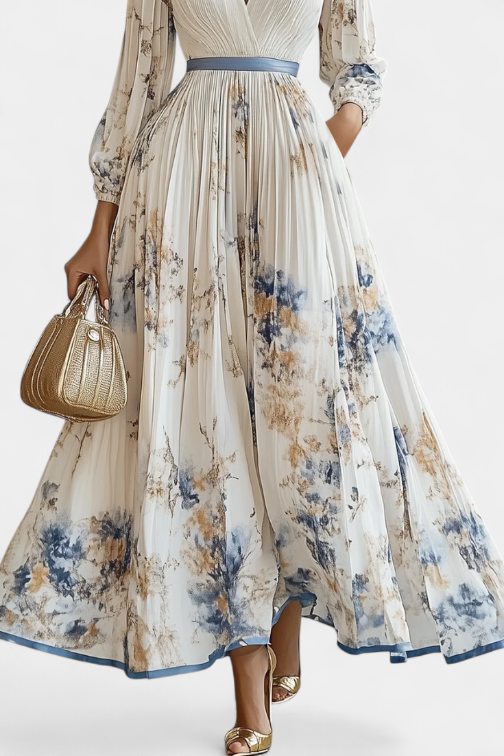 Robe Longue en Mousseline Plissée Phaedra avec Manches Bouffantes