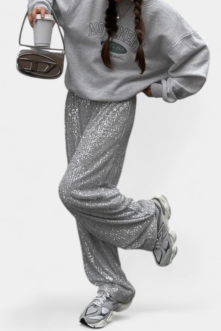 Elva Pantalons à Paillettes Taille Haute et Coupe Ample