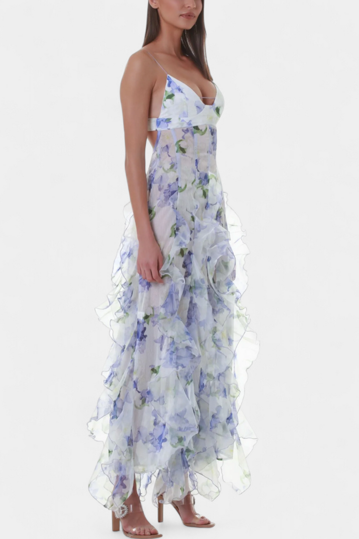 Robe Maxi Bonnie avec Volants Floraux et Découpe Latérale