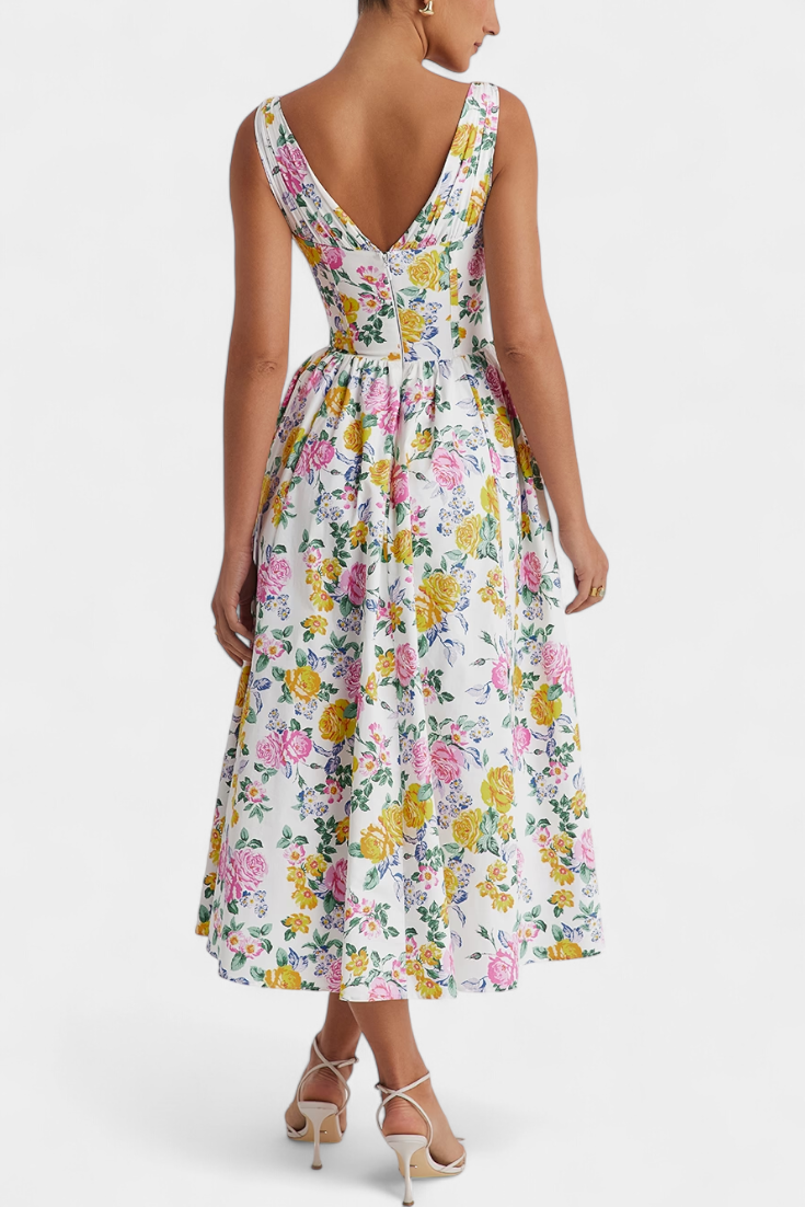 Robe Midi Margie à Décolleté en V et Imprimé Floral Romantique