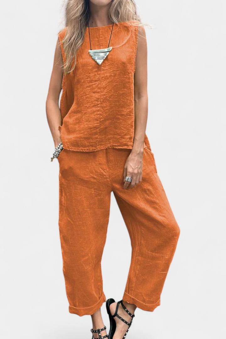 Leona Ensemble de Gilet et Pantalon Sans Manches en Coton Lin